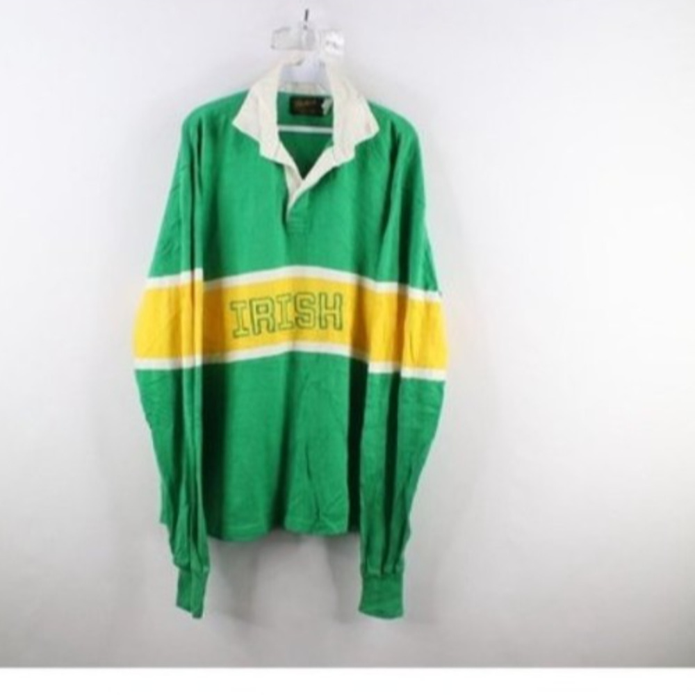 Vintage 80s Notre Dame Men's XL Green IRISH Rugby Polo 100% cotton Made in USA
